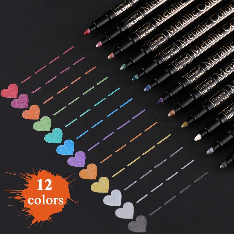 Sunshilor Metallic Marker Pens, 12 Colors Medium Point Metallic Pens Paint Markers for Black Paper, Rock Painting, Card Making, DIY Photo Album, Scrapbook Crafts, Metal, Wood, Ceramic, Glass - Image 2